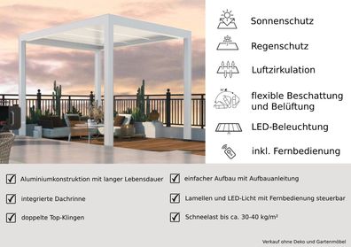 Pergola weiß inkl. LED Licht motorisiertem Dach 3x3x2,7m Gartenpergola