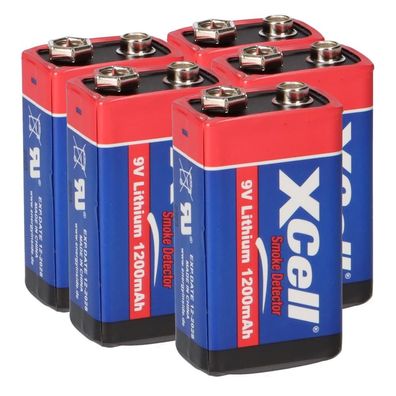 5x XCell Lithium 9V Block Hochleistungs- Batterien für Rauchmelder / Feuermelder