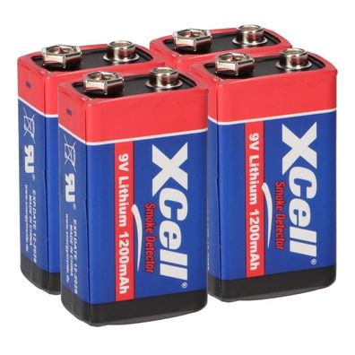 4x XCell Lithium 9V Block Hochleistungs- Batterien für Rauchmelder / Feuermelder