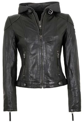 Gipsy - Damen Lederjacke Bikerjacke Lammnappa Kapuze schwarz