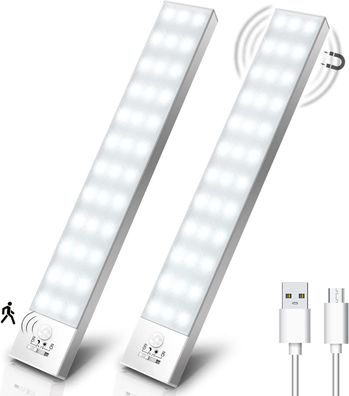 LED Schrankbeleuchtung 2er Set mit Bewegungsmelder, USB Akku, für Schrank & Treppe