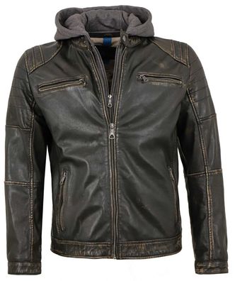 Herren Lederjacke Lammnappa Bikerjacke Kapuze schwarz-beige