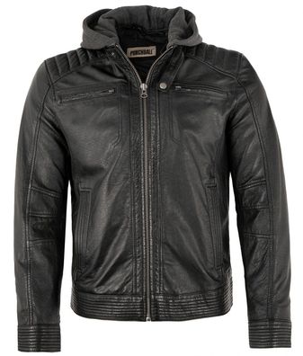 Punchball - Herren Lederjacke Bikerjacke Kapuze Lammnappa schwarz