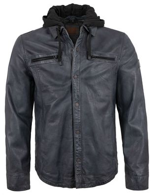 Redpoint - Herren Lederjacke Lammnappa Kapuze blau-anthra