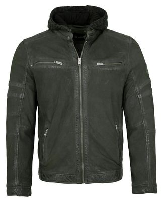 Jilani - Herren Lederjacke Kapuze Nubukleder braun-olive