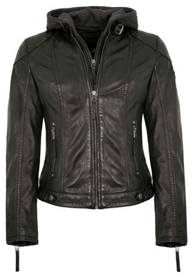 Mauritius - Damen Lederjacke Bikerjacke Lammnappa Kapuze schwarz