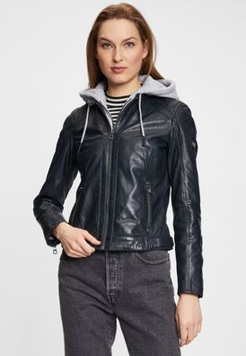 Gipsy - Damen Lederjacke Kapuze Lammnappa navy