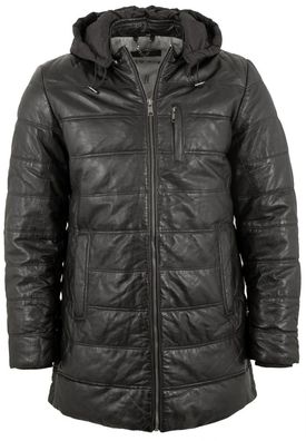 Deercraft - Herren Lederjacke Steppjacke Longjacke Kapuze Lammnappa schwarz