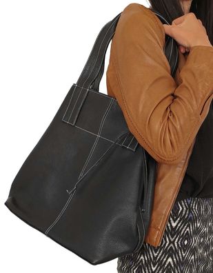 Damen Lederhandtasche Shopper Rindnappa schwarz