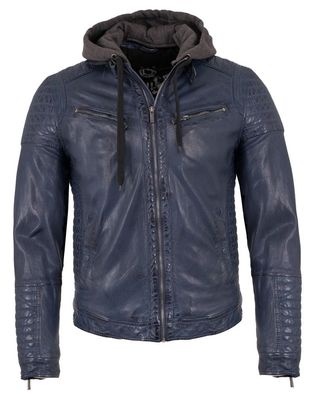 Hi-Buxter - Herren Lederjacke Bikerjacke Kapuze Lammnappa dunkelblau