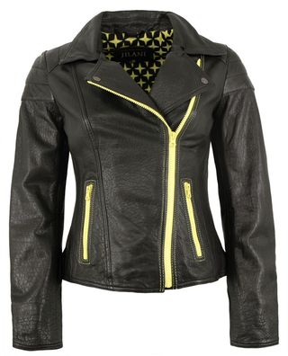 Jilani - Damen Lederjacke Bikerjacke Lammnappa schwarz / gelb