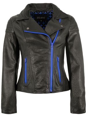 Jilani - Damen Lederjacke Bikerjacke Lammnappa schwarz / royalblau