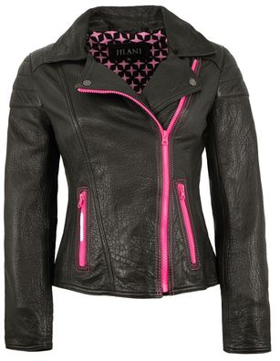 Jilani - Damen Lederjacke Bikerjacke Lammnappa schwarz / pink