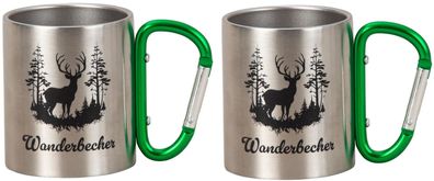 2 Stück Outdoorbecher mit Karabiner grün Metall 200ml Wanderbecher Tasse Camping