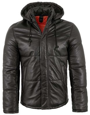 Gipsy - Herren Lederjacke Steppjacke Kapuze Lammnappa schwarz