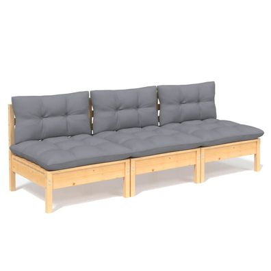 3-Sitzer Gartensofa aus Kiefernholz mit Kissen in Grau