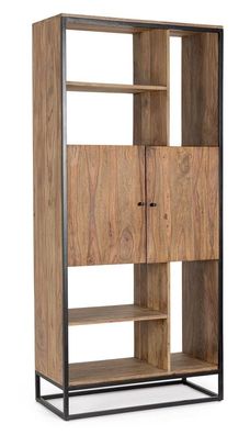 Bücherregal Nartan 88x40x194cm Sheeshamholz Natur mit Stahlgestell und 2 Türen
