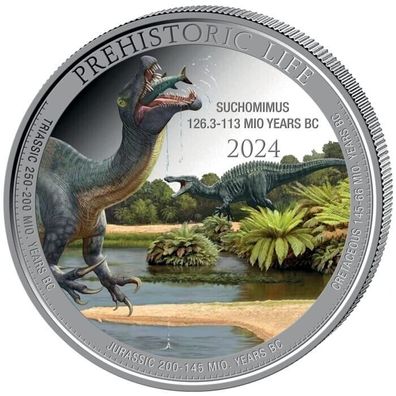 Silbermünze 1 oz Prehistoric Life II Suchomimus 2024 Color Farbe