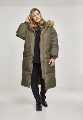 Urban Classics Damen Jacke Ladies Oversize Faux Fur Puffer Coat Darkolive/Beige