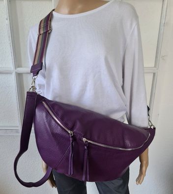 XXL Bauchtasche Cross Body Bag Tasche Kunstleder 2 Riemen Zipper dunkles Lila