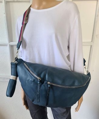 XXL Bauchtasche Cross Body Bag Tasche Kunstleder 2 Riemen 2 RV Jeansblau