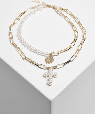 Urban Classics Kette Pearl Cross Layering Necklace Pearlwhite/Gold