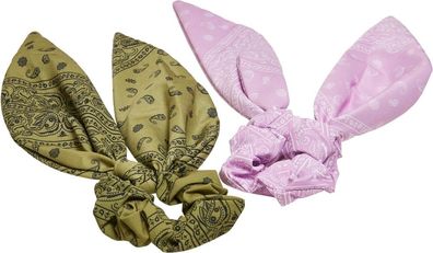 Urban Classics Bandana Print Scrunchies With Bow 2-Pack Khaki/Lightlilac