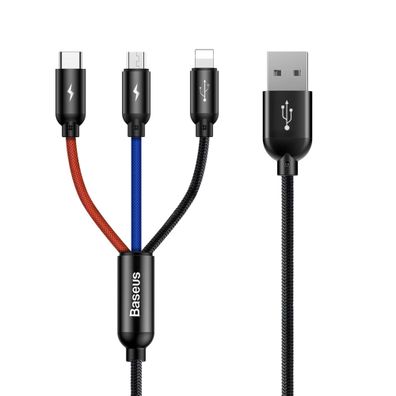 Baseus 3in1 USB-A kompatibel mit iPhone, USB-C, microUSB 3,5 A Kabel 0,3 m – Schwarz