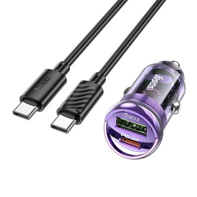 HOCO USB-Autoladegerät QC3.0 + Typ C + Kabel Typ C auf Typ C PD 30W Z53A lila