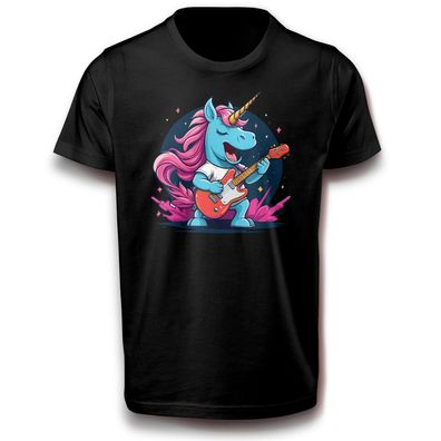 Blauer Einhorn mit Gitarre Musik Magie Fun Tanzen Fabelwesen Humor T-Shirt Baumwolle