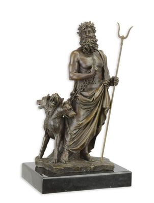 BRONZE FIGUR Skulptur HADES und Cerberus Marmorsockel STATUErDEKO Antik EJA0871