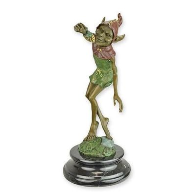 Bronze Figur Skulptur Statue Goblin mit Trauben Marmor Sockel Mythologie EJA0972