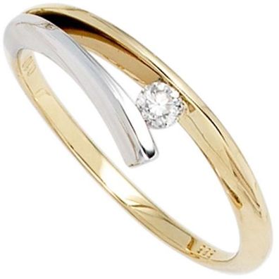 Damen Ring, 585 Gelbgold Weißgold Diamant Brillant 0,10ct