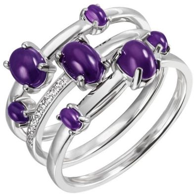 Damen Ring breit Sterling Silber 7 Amethyst-Cabochons lila 9 Zirkonia