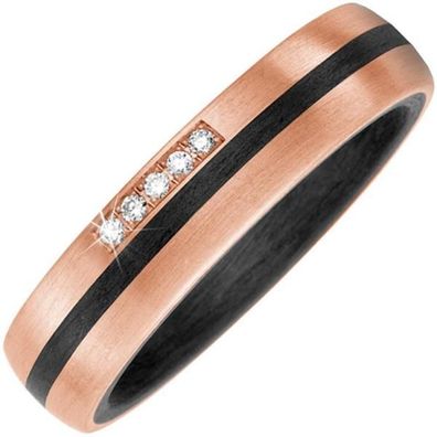 Partner Ring Carbon mit 585 Gold Rotgold, matt 5 Diamanten