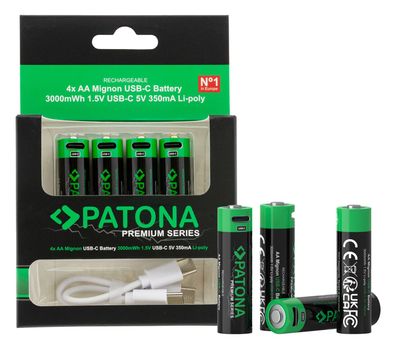 PATONA Premium USB-C 4x AA Akkus Lithium 1.5V 3000mWh aufladbar mit 1 zu 2 USB-C