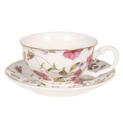 Clayre & Eef Tasse mit Untertasse 125 ml Weiß Porzellan Rund Blumen