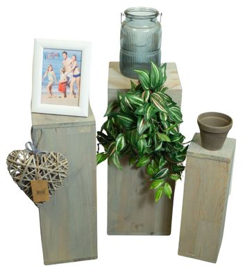 3er Set Dekosäulen viereckig in shabby natur 24x24x60cm Holzblock Holzständer