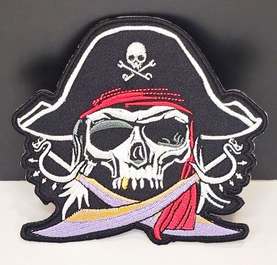 Aufnäher Aufbügler Patch Pirat Totenkopf mit Hut und Säbel - 9 x 10 cm