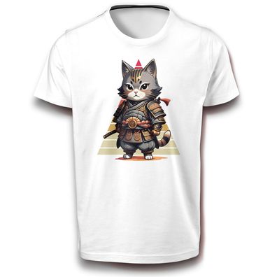 Samurai Katze Ninja Cat Krieger Kater Shogun Spaß Tier Fun T-Shirt Baumwolle weiß