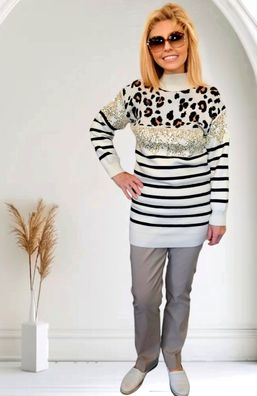 Longpullover Pulli Stehkragen langarm Leoprint Pailletten Streifen Beige/Schwarz