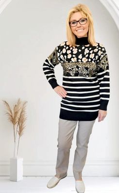 Longpullover Pulli Stehkragen langarm Leoprint Pailletten Streifen Schwarz