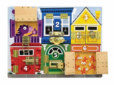 Melissa & Doug 13785 Holzbrett mit Verschlüssen Spielzeug Motorik Formen Zahlen