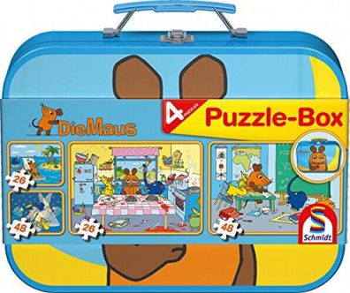 Schmidt Spiele 55597 Die Sendung mit der Maus 4er Kinder-Puzzle-Box Metallkoffer