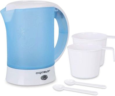 Aigostar Reise-Wasserkocher Set 0,6 Liter 650 Watt 2 Tassen 2 Teelöffel Blau