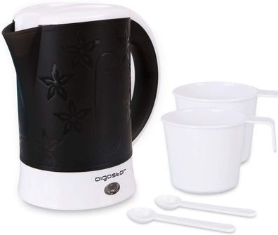 Aigostar Reise-Wasserkocher Set 0,6 Liter 650 Watt 2 Tassen 2 Teelöffel Schwarz