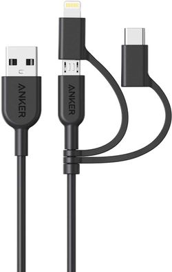 Anker Powerline II 3in1 Apple Ladekabel USB-C Mikro-USB Android 90cm Schwarz