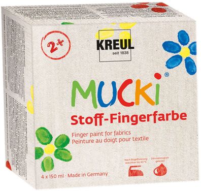 Kreul 28400 Mucki leuchtkräftige Stoff-Fingerfarbe Gelb Rot Blau Grén 4 x 150 ml