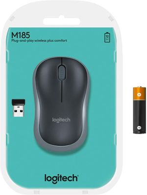 Logitech M185 Kabellose Maus 2.4 GHz Nano USB Links Rechtshänder PC Mac grau