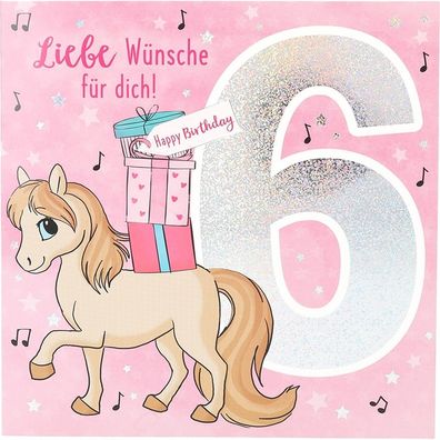 Zahlenkarte zum 6. Geburtstag mit Musik, veredelte Klappkarte mit originellem Innente